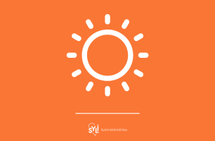 Kuvassa oranssilla taustalla valkoinen piirretty pelkistetty aurinko, jonka alla on Syömishäiriöliiiton logo.