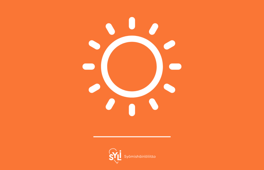 Kuvassa oranssilla taustalla valkoinen piirretty pelkistetty aurinko, jonka alla on Syömishäiriöliiiton logo.