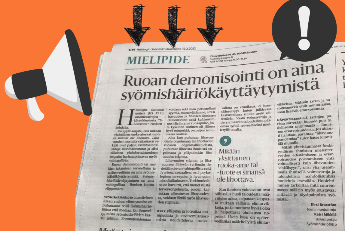 Oranssilla taustalla kuva Helsingin sanomien sivusta, jossa sama tekstisisältö kuin tässä artikkelissa.