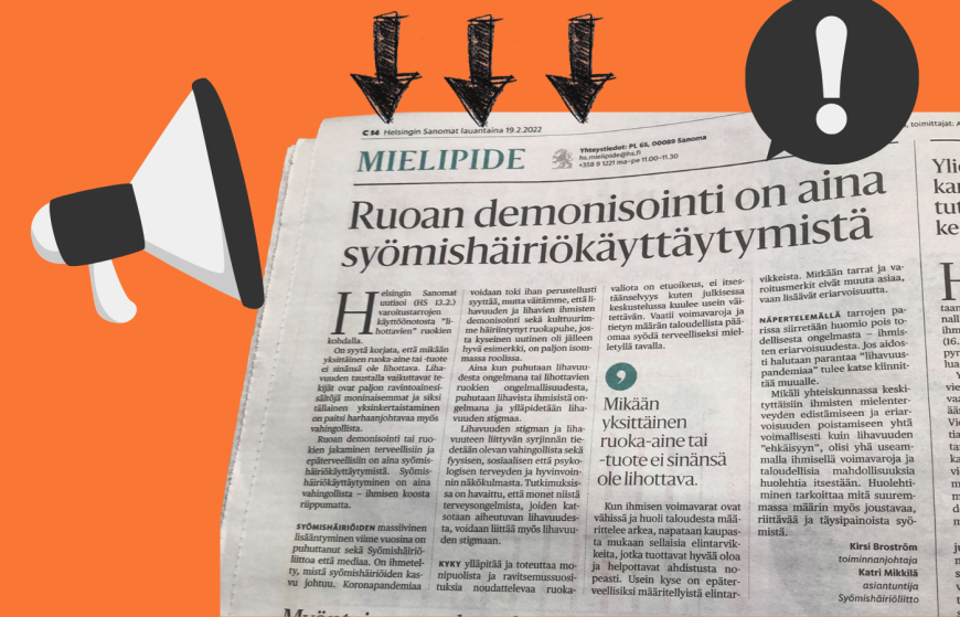 Oranssilla taustalla kuva Helsingin sanomien sivusta, jossa sama tekstisisältö kuin tässä artikkelissa.