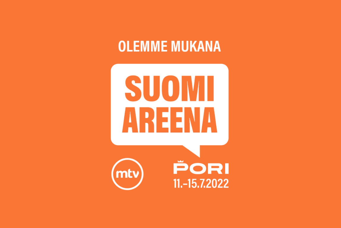 Kuvassa oranssilla taustalla SuomiAreenan logo ja teksti: olemme mukana.